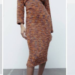 Zara Multicoloured Faux Fur Midi Skirt SMALL orange tan